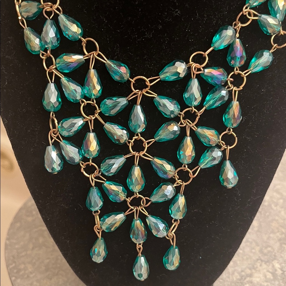 AB teal teardrop crystals  drape Necklace